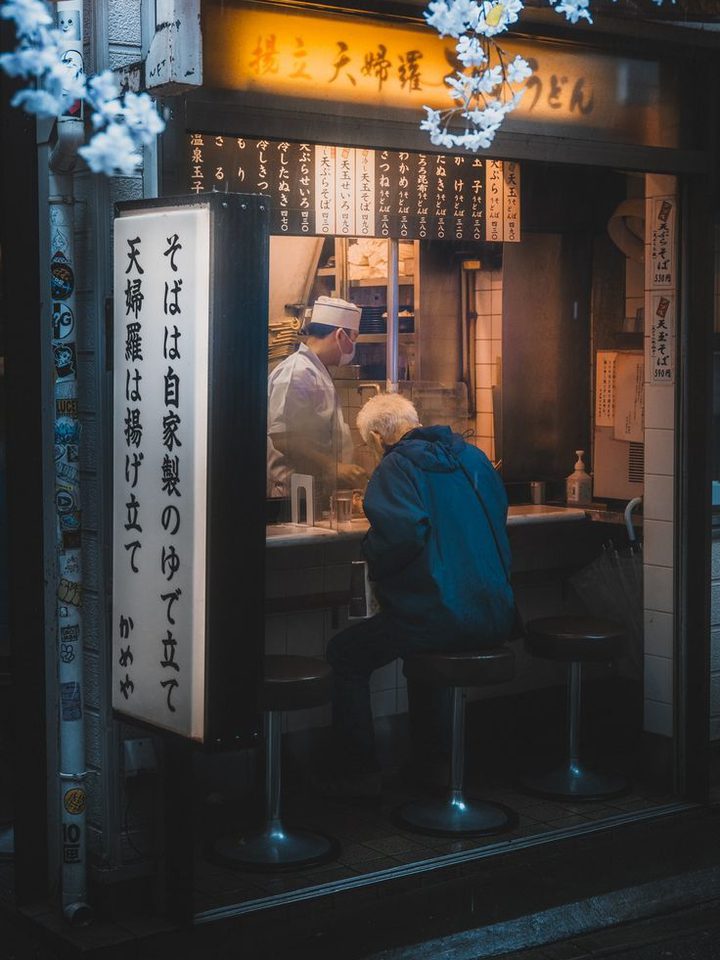 A late diner at a noodle counter in Kyoto